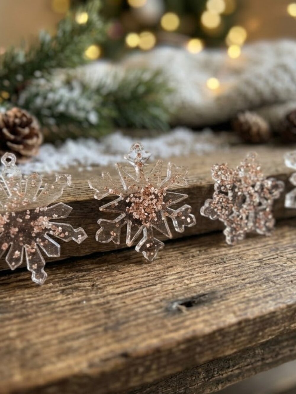 Handmade Resin Snowflake Ornaments Set of 6 - Rose Gold Glitter Decor